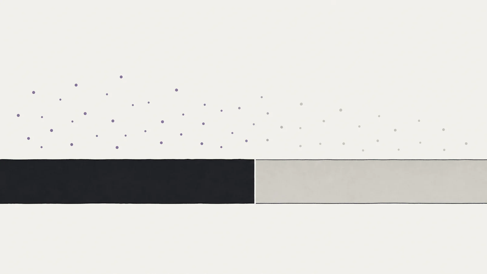 A sparse field with a long dark band across the lower third and a scattering of small marks hanging above it, fading past a single vertical cut.