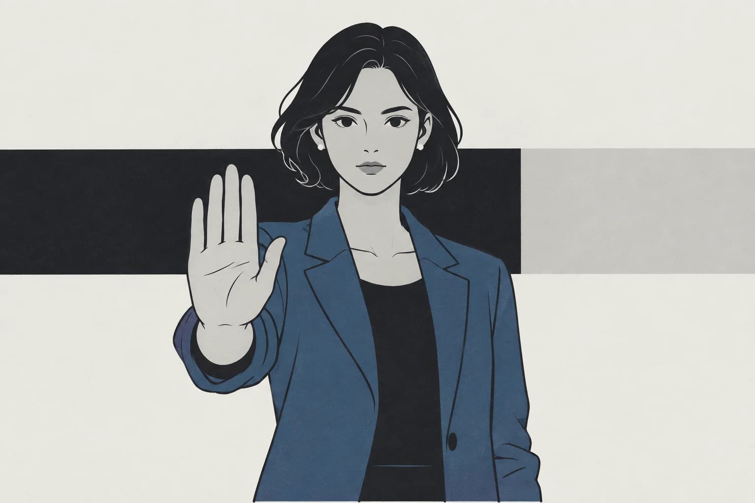 An illustration of a person standing still with one open palm raised in a calm halting gesture. Behind them, a solid dark band runs uncut across the frame.
