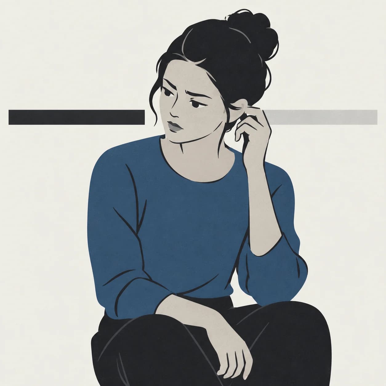 An illustration of a person seated, looking down and to one side with a puzzled but calm expression, one hand raised near their ear.