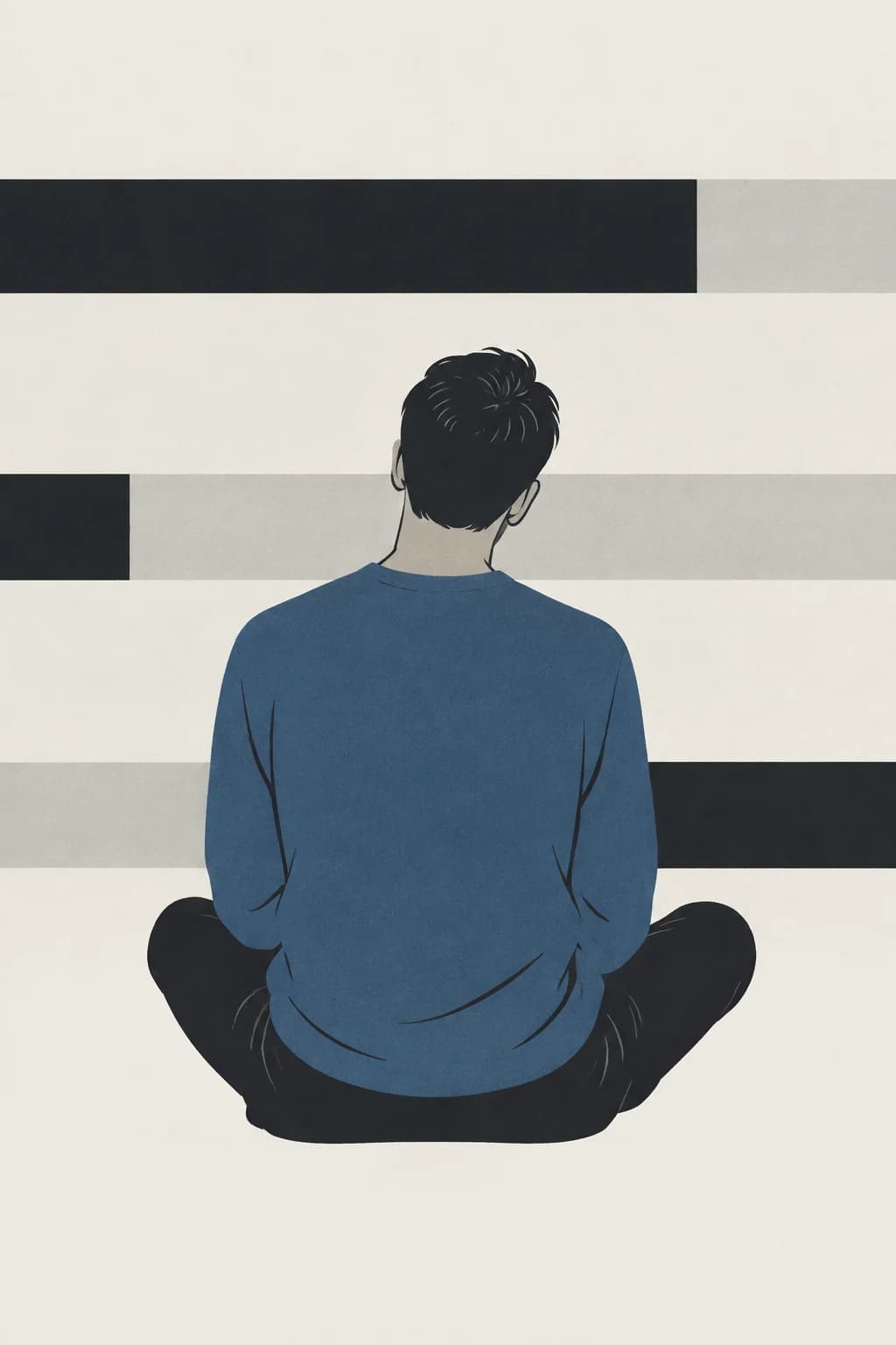 An illustration of a person seen from directly behind, seated upright, head slightly tilted, with long horizontal bands suggesting the space around them.