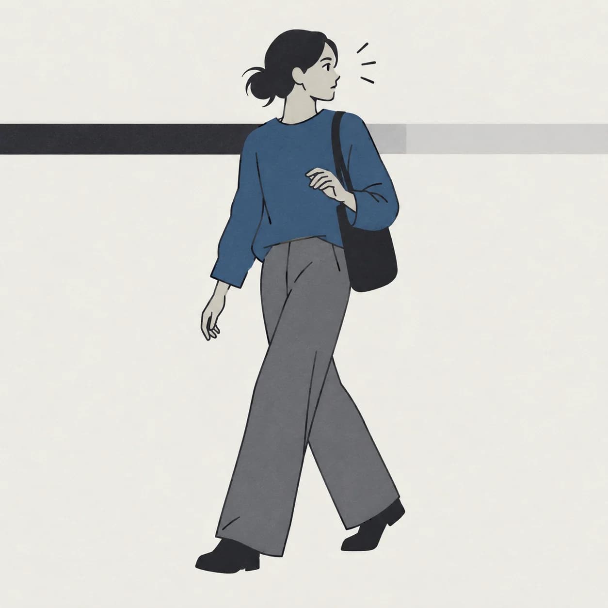 An illustration of a person mid-step, pausing, head turning sharply as something catches their attention.