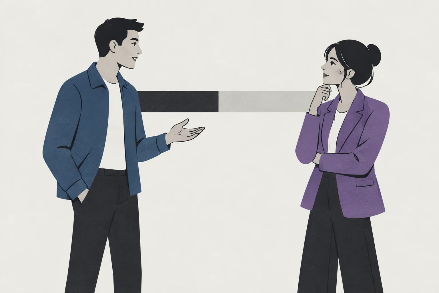 An illustration of two people talking, one gesturing with an open hand. Between them a band floats, half dark and half faded.