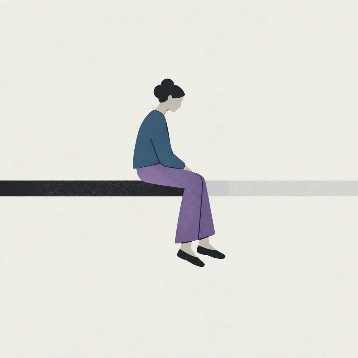 A very small illustration of a single seated person seen from the side, head slightly tilted.