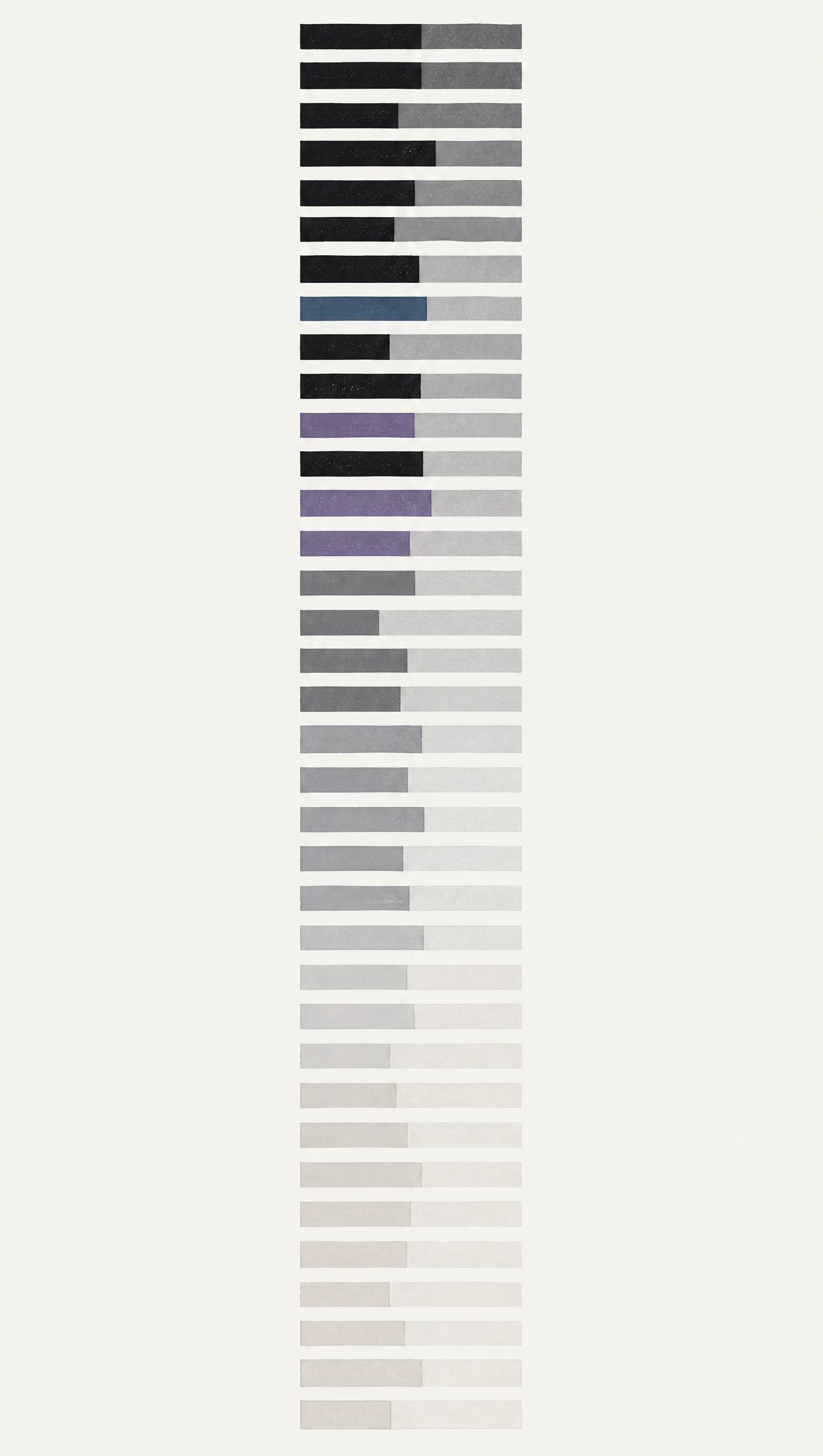 A tall column built from stacked short horizontal bands, dark at the top and fading toward the bottom, with irregular gaps.